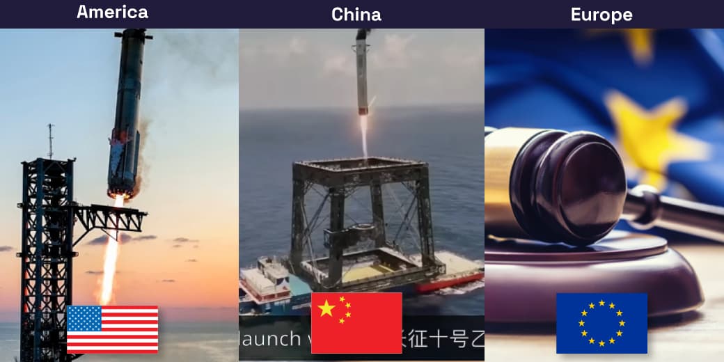 A labeled triptych showing America, China, and Europe through rocket recovery and technology regulation imagery. Credit: tecMAMBO.