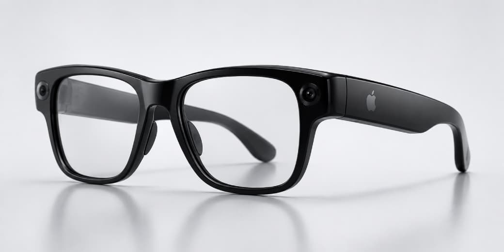 Black Apple smart glasses concept with cameras integrated into the frame.