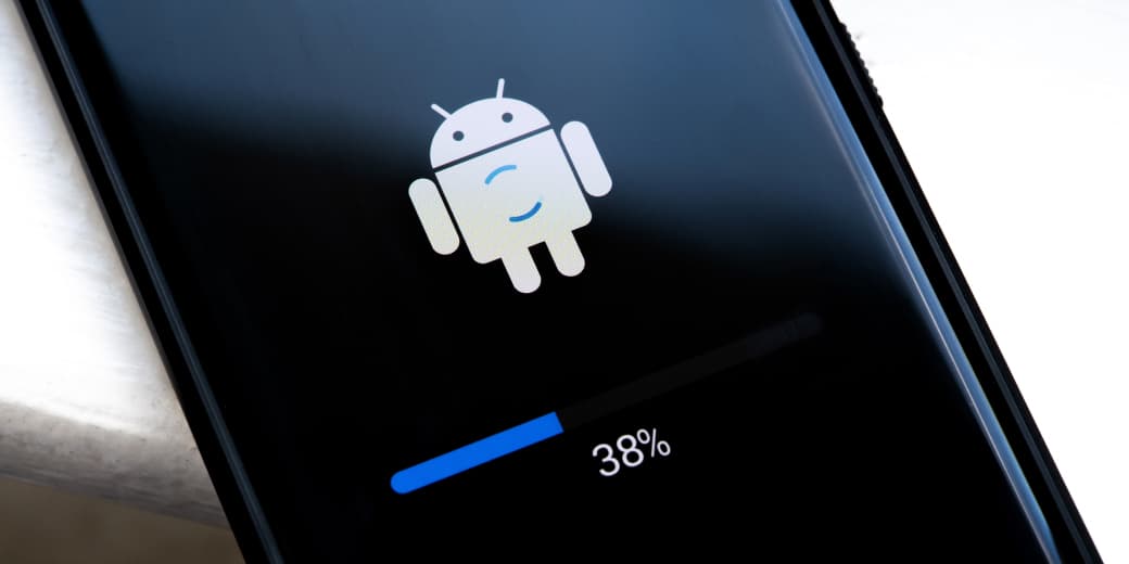 Android smartphone installing a system update with progress at 38 percent.