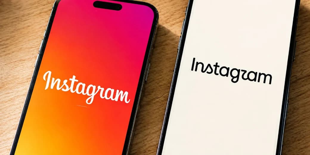 Two smartphones comparing Instagram's previous script wordmark with its redesigned wordmark.