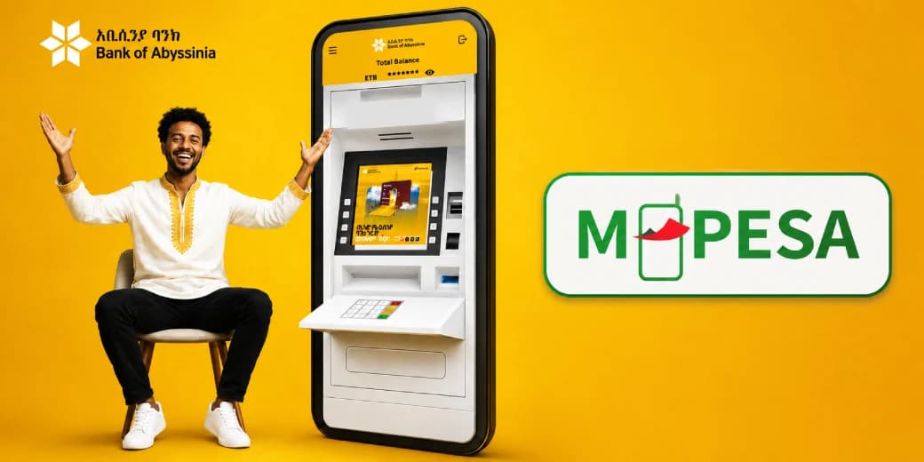 Bank of Abyssinia ATM and M-Pesa graphic illustrating cardless cash withdrawals.