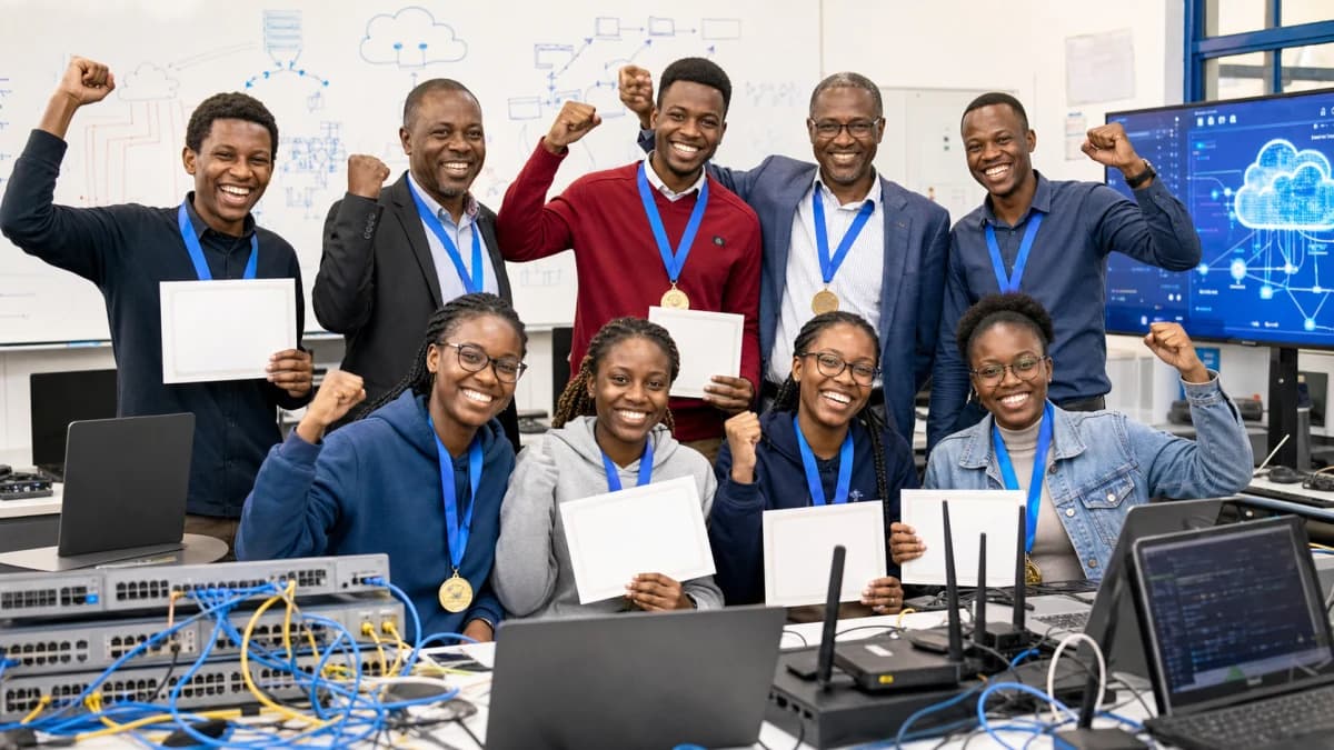 Kenyan university teams celebrating global awards in cloud computing, networking and computing.