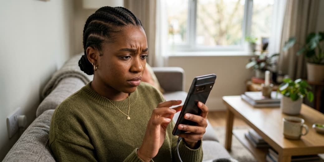 A person looking concerned while using a charging phone. Credit: Google Glow.