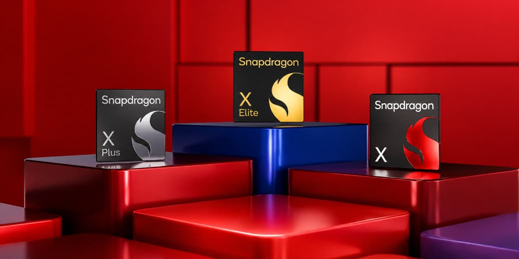Qualcomm Snapdragon X, X Plus and X Elite processors displayed on red and blue platforms.
