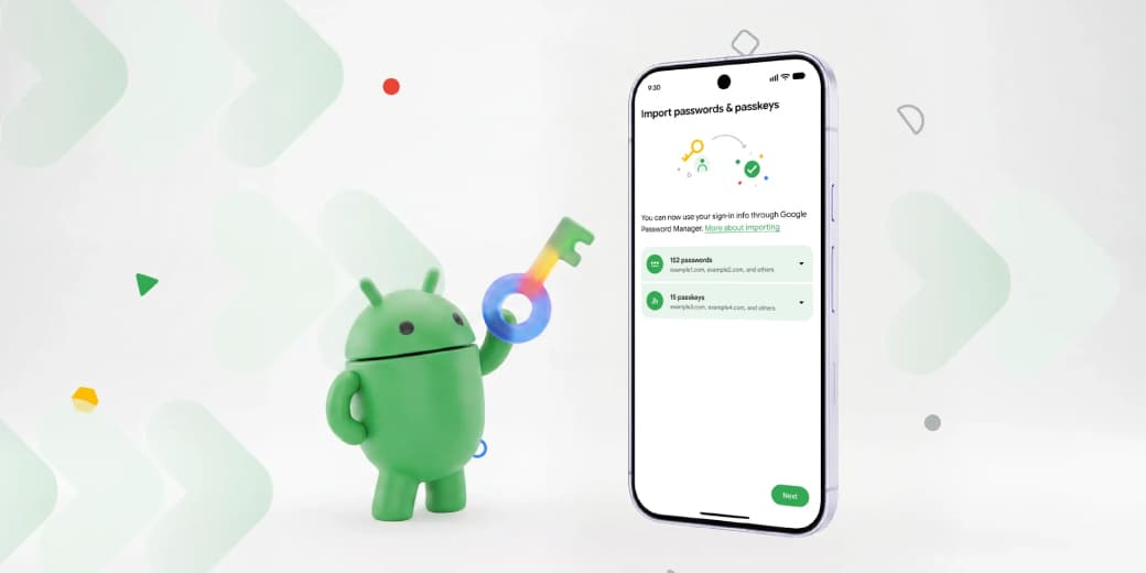 Android mascot holding a key beside a phone showing a completed password and passkey import.