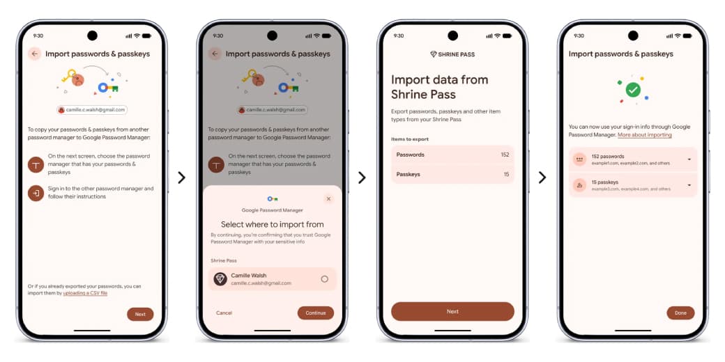Four Android screens showing the direct process for importing passwords and passkeys into Google Password Manager.