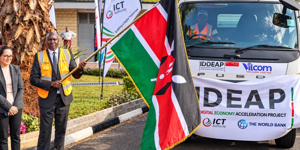 Former ICT PS Julius Bitok flags off the distribution of smartboards and laptops under the World Bank-backed KDEAP programme aimed at expanding digital learning in public junior schools.