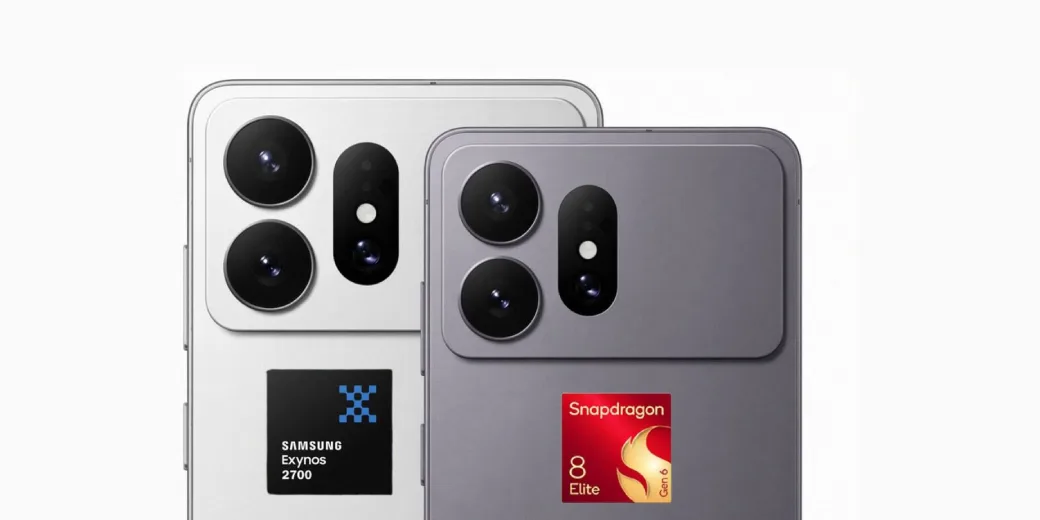 Concept render of two Samsung Galaxy S27 Ultra phones with Exynos and Snapdragon processor labels.