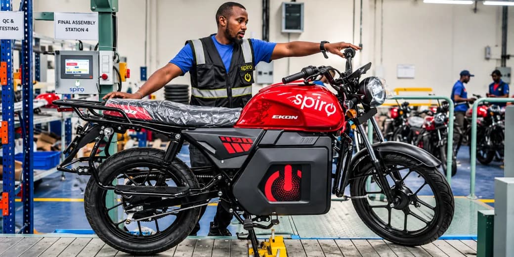 A Spiro technician working beside a red electric motorcycle on an assembly line.
