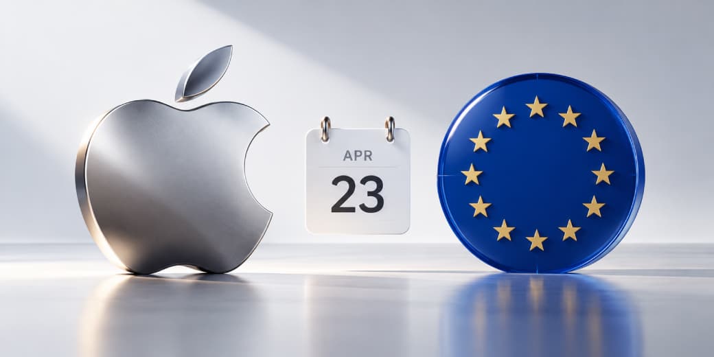 Apple logo beside a calendar and the European Union emblem