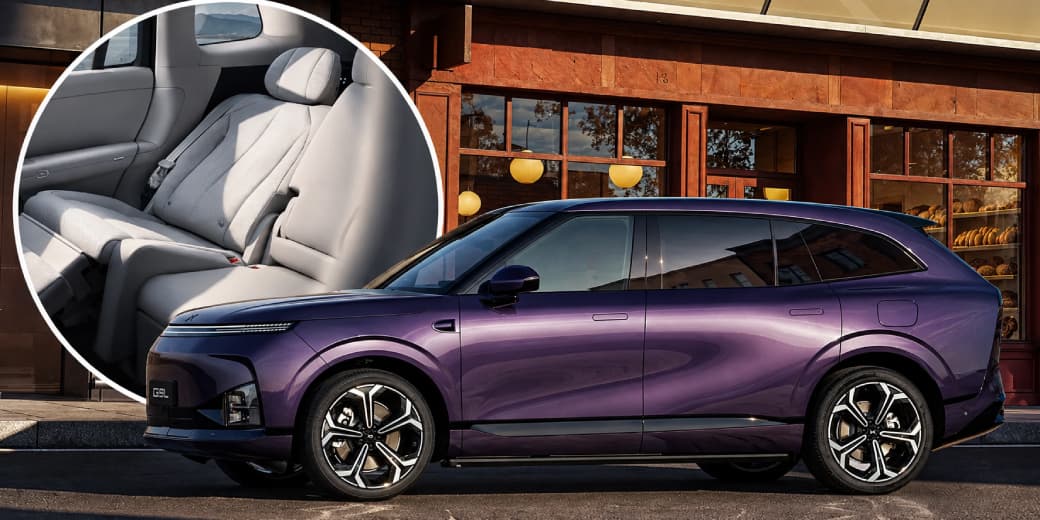 Purple Xpeng G9L electric SUV with an inset view of its reclining rear passenger seat.