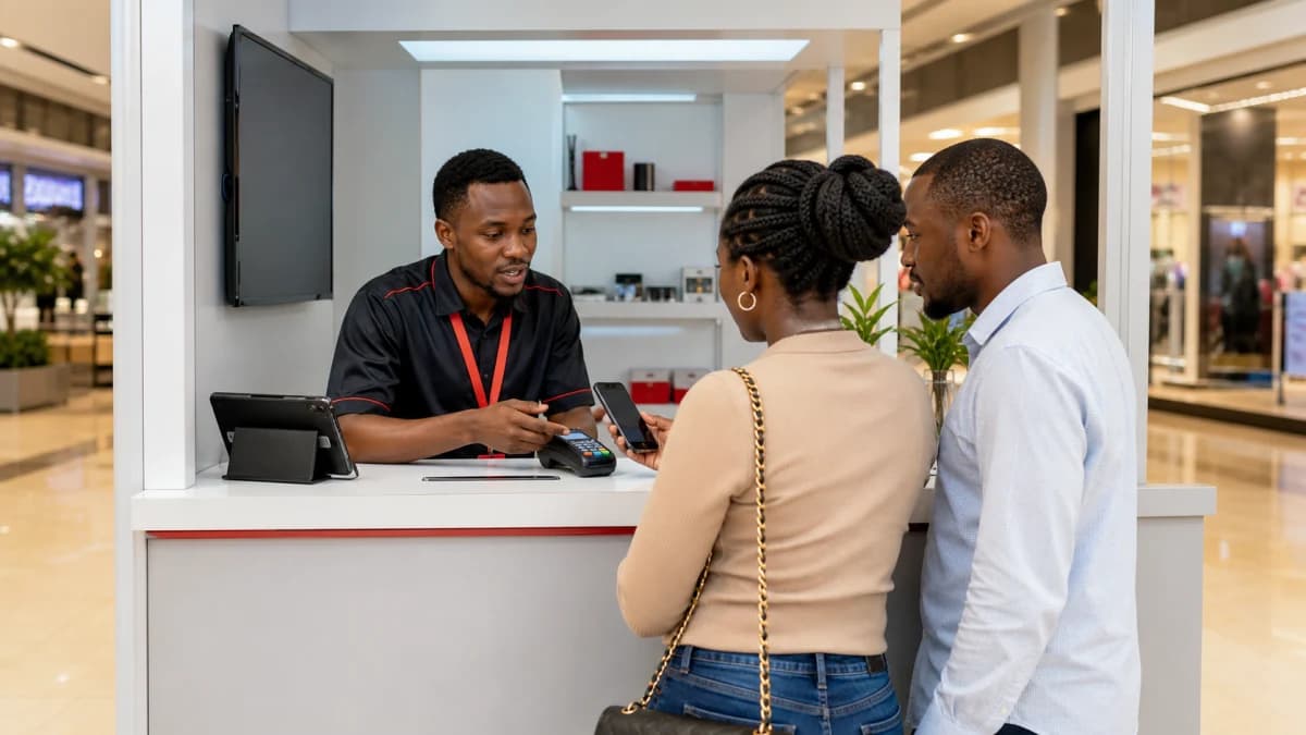 Compact telecom retail kiosk providing SIM registration, device and mobile-money support.