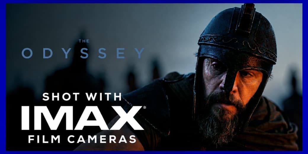 Armoured Odysseus in a promotional image explaining that The Odyssey was shot with IMAX film cameras.