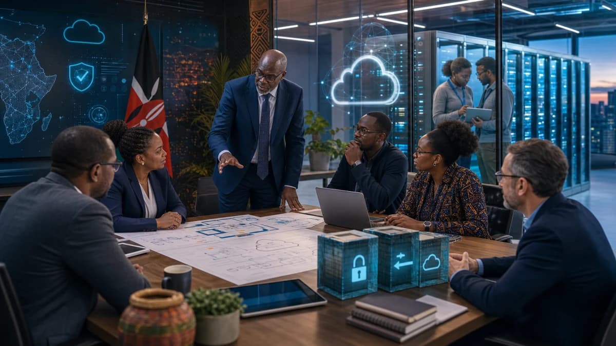 Kenya public-sector cloud and AI systems connected through governance, security and interoperability controls.