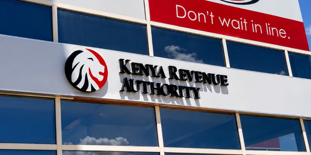 Kenya Revenue Authority headquarters facade with the KRA logo and a Don't wait in line sign.