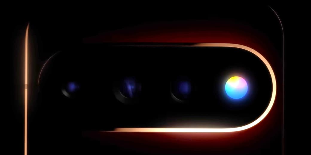 Close-up of the Pixel 11 camera bar glowing around its lenses and notification light.