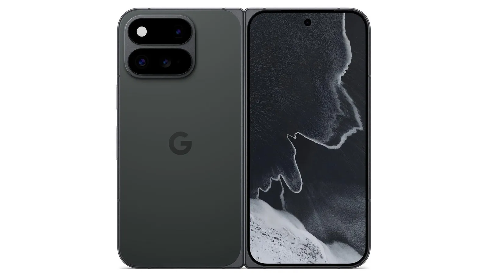 Obsidian Google Pixel 11 Pro Fold shown open from the front and back.