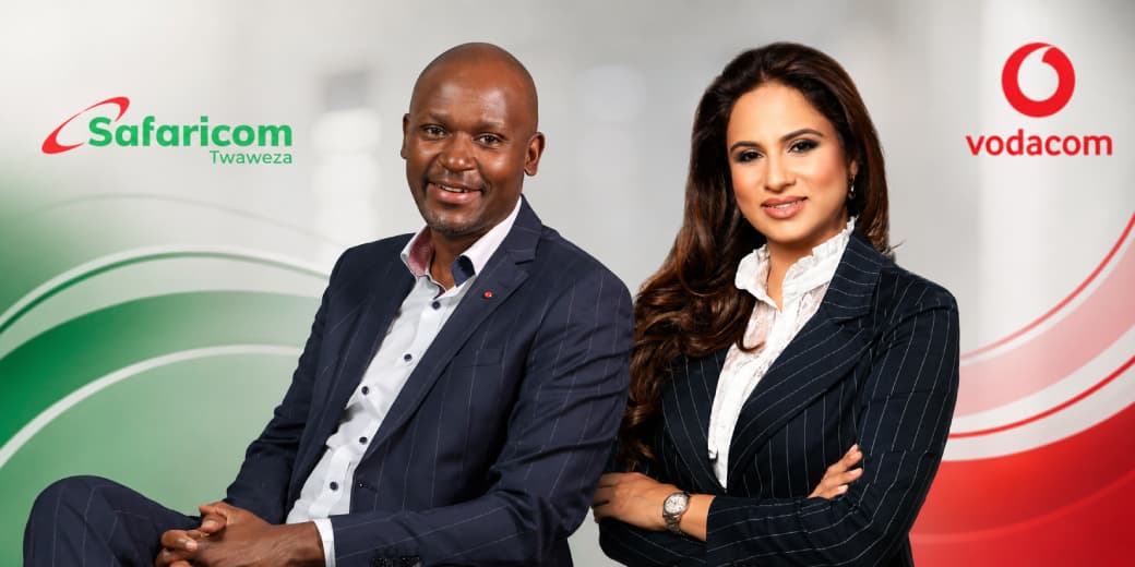 Matimba Mbungela and Mariam Cassim pictured as Safaricom non-executive directors with Safaricom and Vodacom branding.