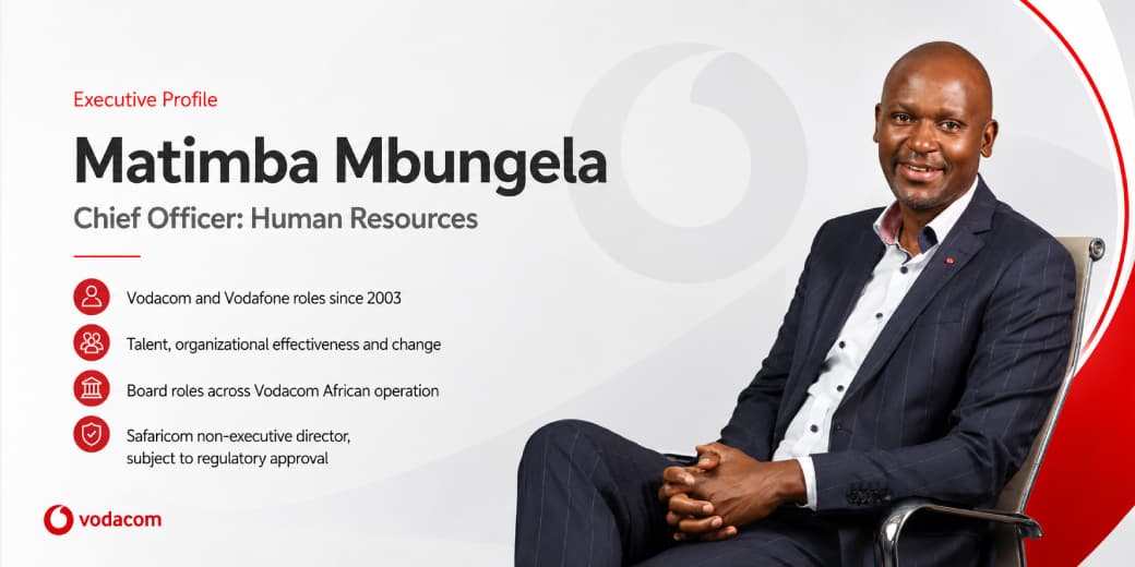 Matimba Mbungela executive profile card showing his Vodacom human resources leadership credentials.