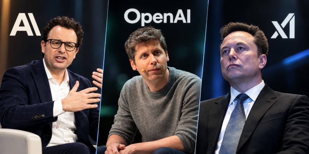 Dario Amodei, Sam Altman and Elon Musk pictured side by side beneath their companies' logos.