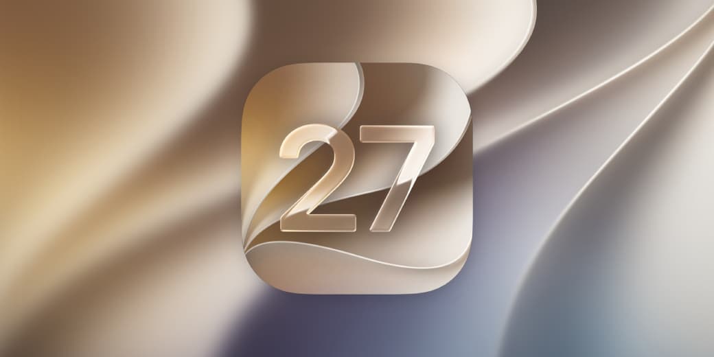 Apple's iOS 27 icon against a flowing metallic background.