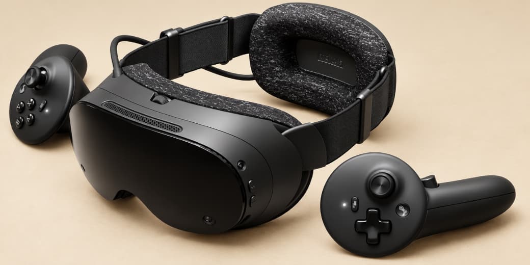 Valve Steam Frame virtual reality headset with two handheld controllers.