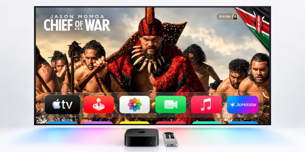 Apple TV showing Chief of War on a television above an Apple TV box and remote, with a Kenyan flag in the corner.