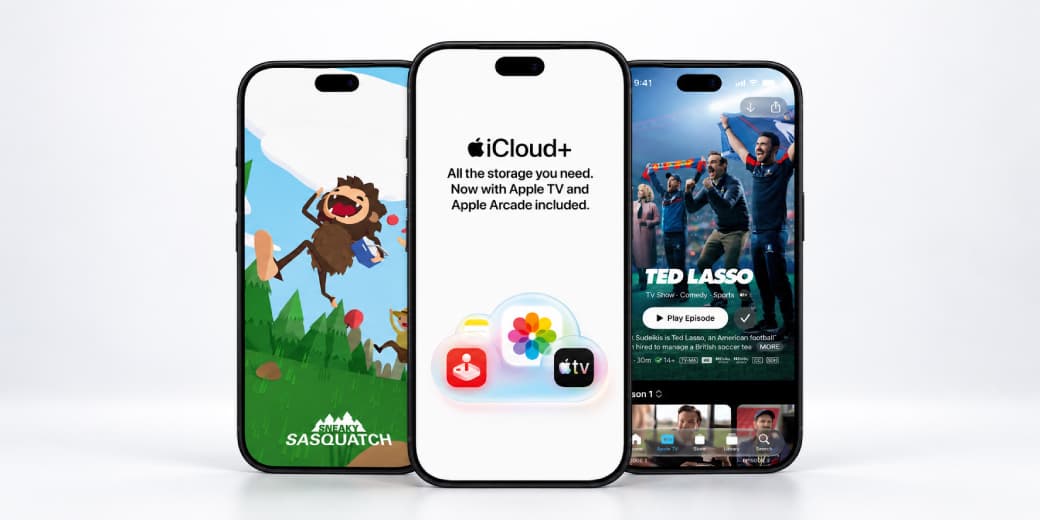 Three iPhones showing Apple Arcade, iCloud+, and Apple TV as included services.