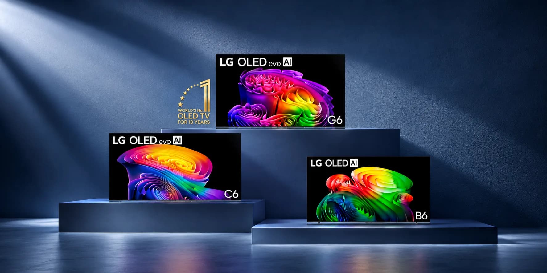Three LG OLED AI televisions displayed on illuminated platforms against a dark blue backdrop.