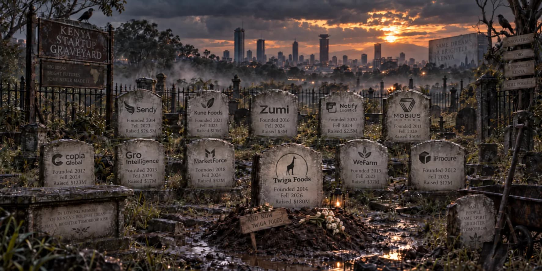 AI-generated illustration of weathered startup gravestones overlooking Nairobi at sunset.