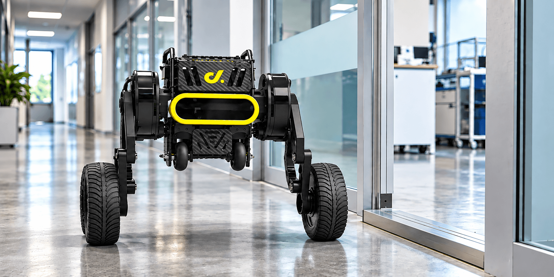 A four-wheeled Direct Drive Tech robot moving through a modern office corridor.