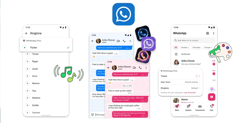 Original concept showing a premium messaging interface with pinned chats, themes, app icons, ringtones and sticker effects.