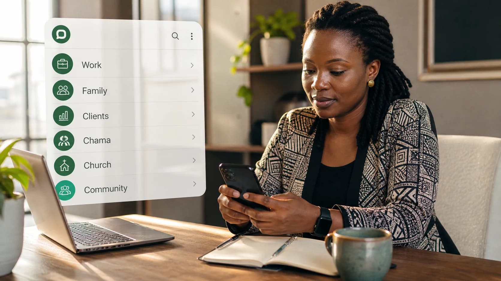 Kenyan messaging power user organizing work, family, clients, chama, church and community conversations.