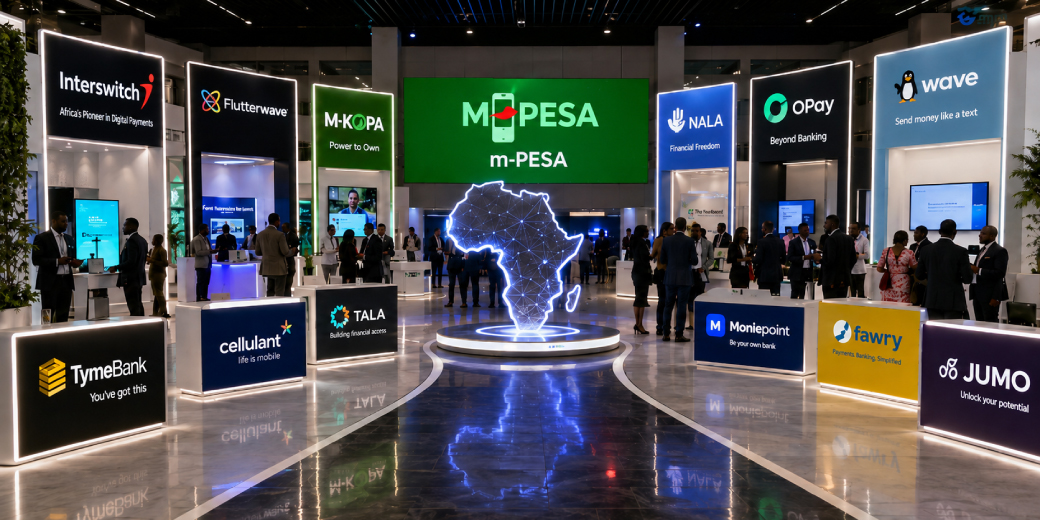 African fintech brands displayed around an exhibition floor. Credit: tecMAMBO.