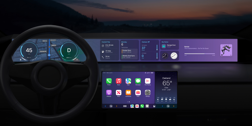A car dashboard showing Apple's next-generation CarPlay interface. Credit: Apple.