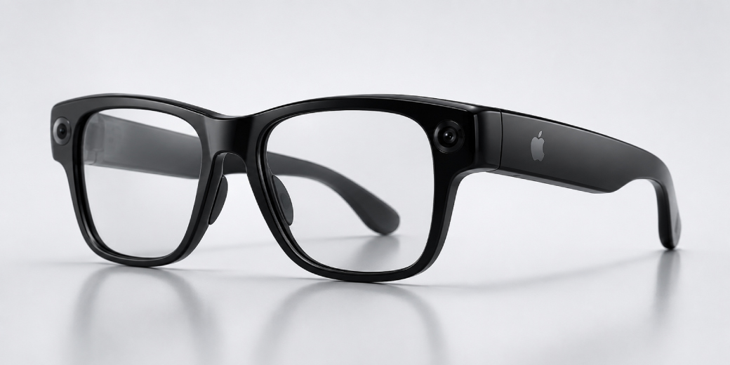 Black Apple smart glasses concept with cameras integrated into the frame.
