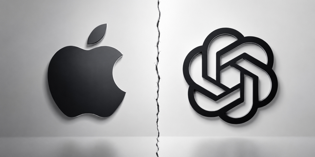 Apple and OpenAI logos separated by a crack, illustrating a trade secrets dispute. Credit: tecMAMBO.