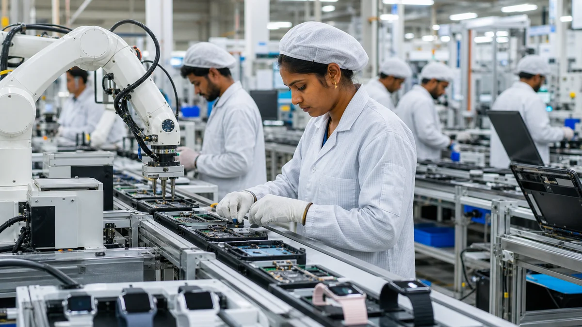 Electronics assembly line in India producing smartphones, laptops and wearable devices.