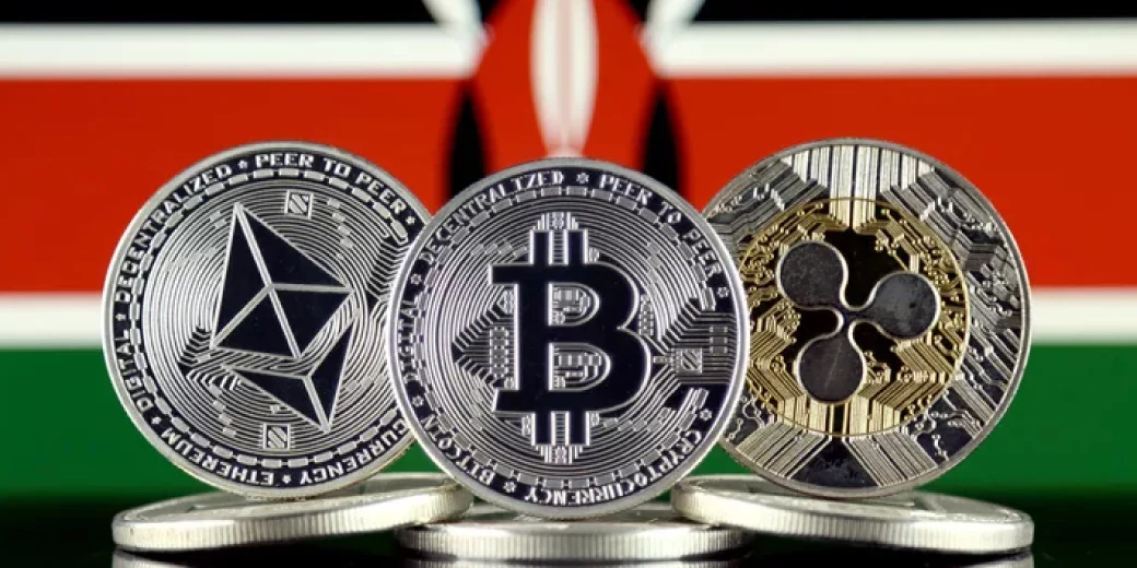 Ethereum, Bitcoin and XRP coins displayed in front of the Kenyan flag.