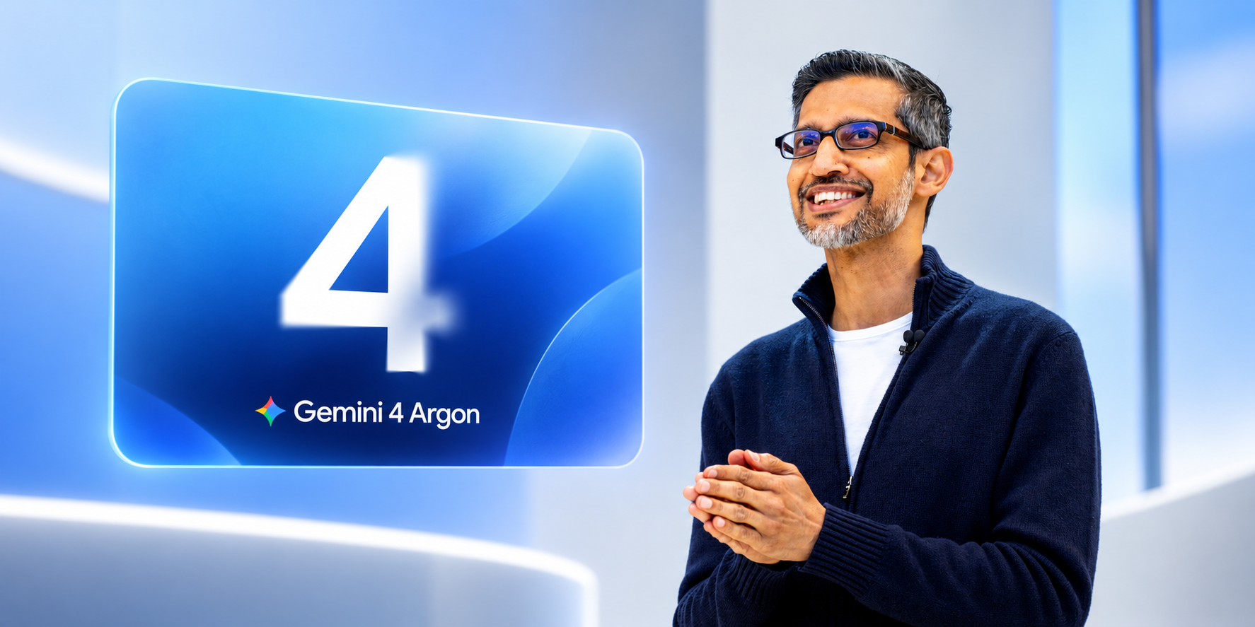 Google chief executive Sundar Pichai beside a Gemini 4 Argon presentation graphic.