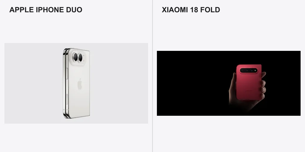 iPhone Duo and Xiaomi 18 Fold shown closed side by side, both in a passport-style folded form factor.