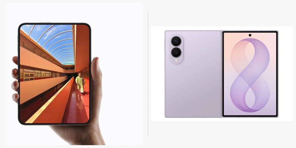 iPhone Duo and Samsung Galaxy Z Fold8 shown unfolded side by side.