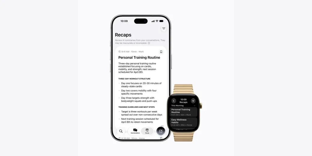Apple Watch Series 12 and iPhone displaying a Siri Recap generated by Audio Intelligence.