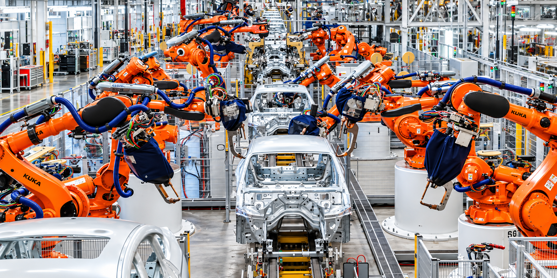 Orange industrial robots working around vehicle bodies on an automotive production line.