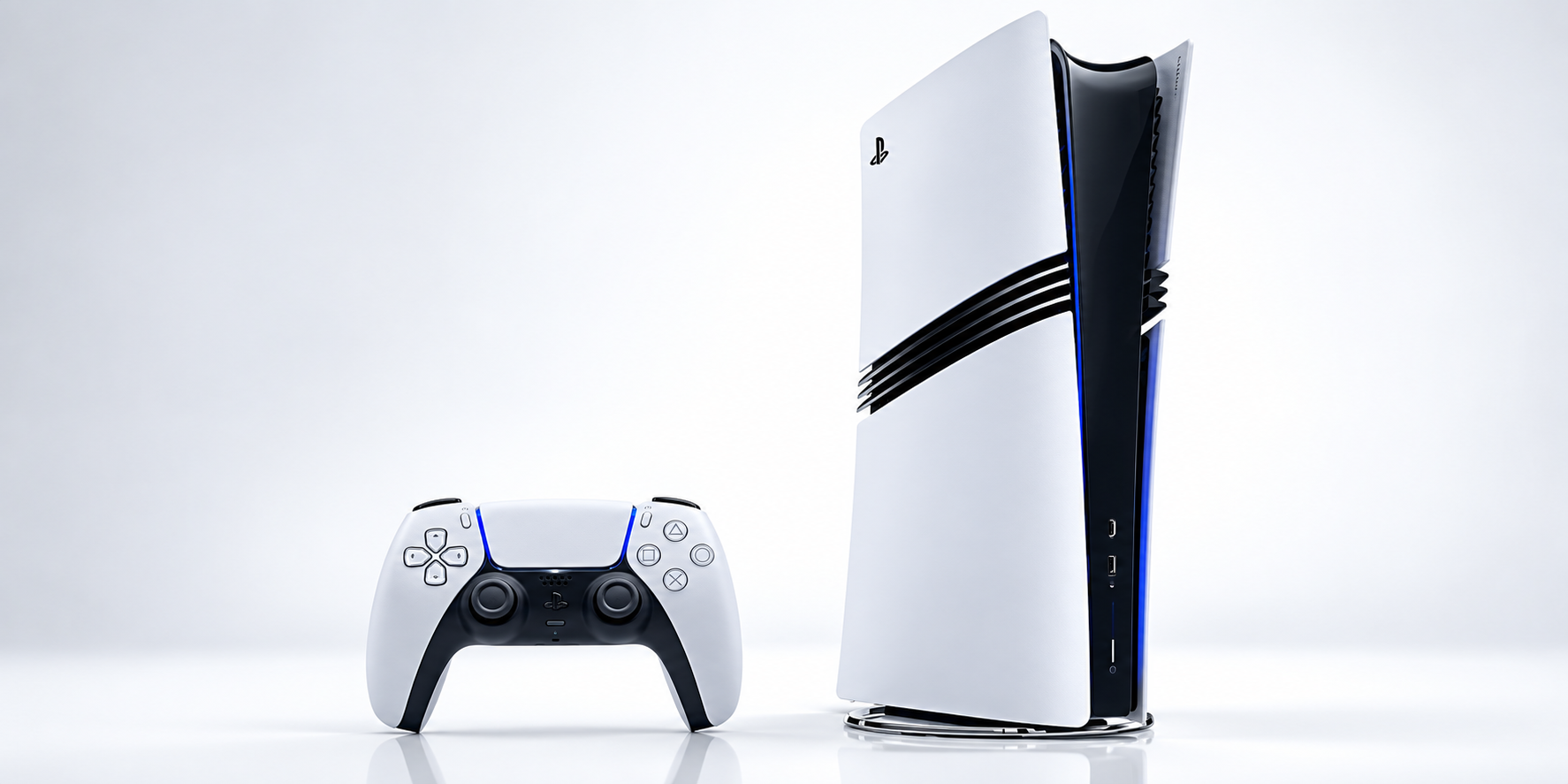 A PlayStation 5 Pro console and DualSense controller on a white studio background.