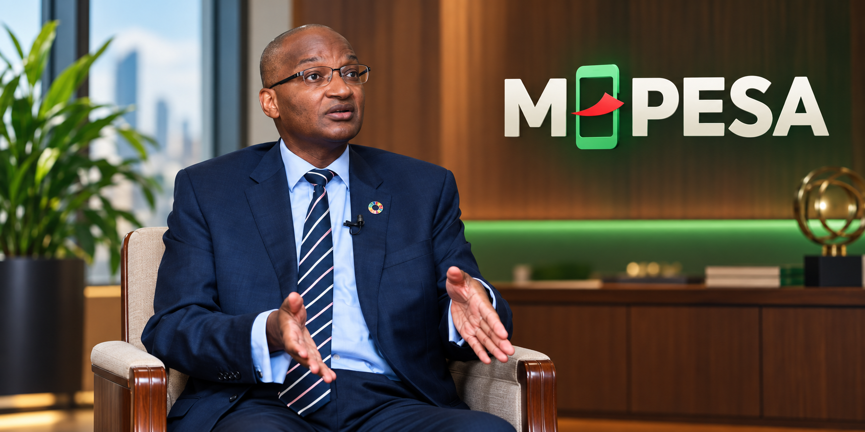 Former Central Bank of Kenya governor Patrick Njoroge seated beside M-Pesa branding.