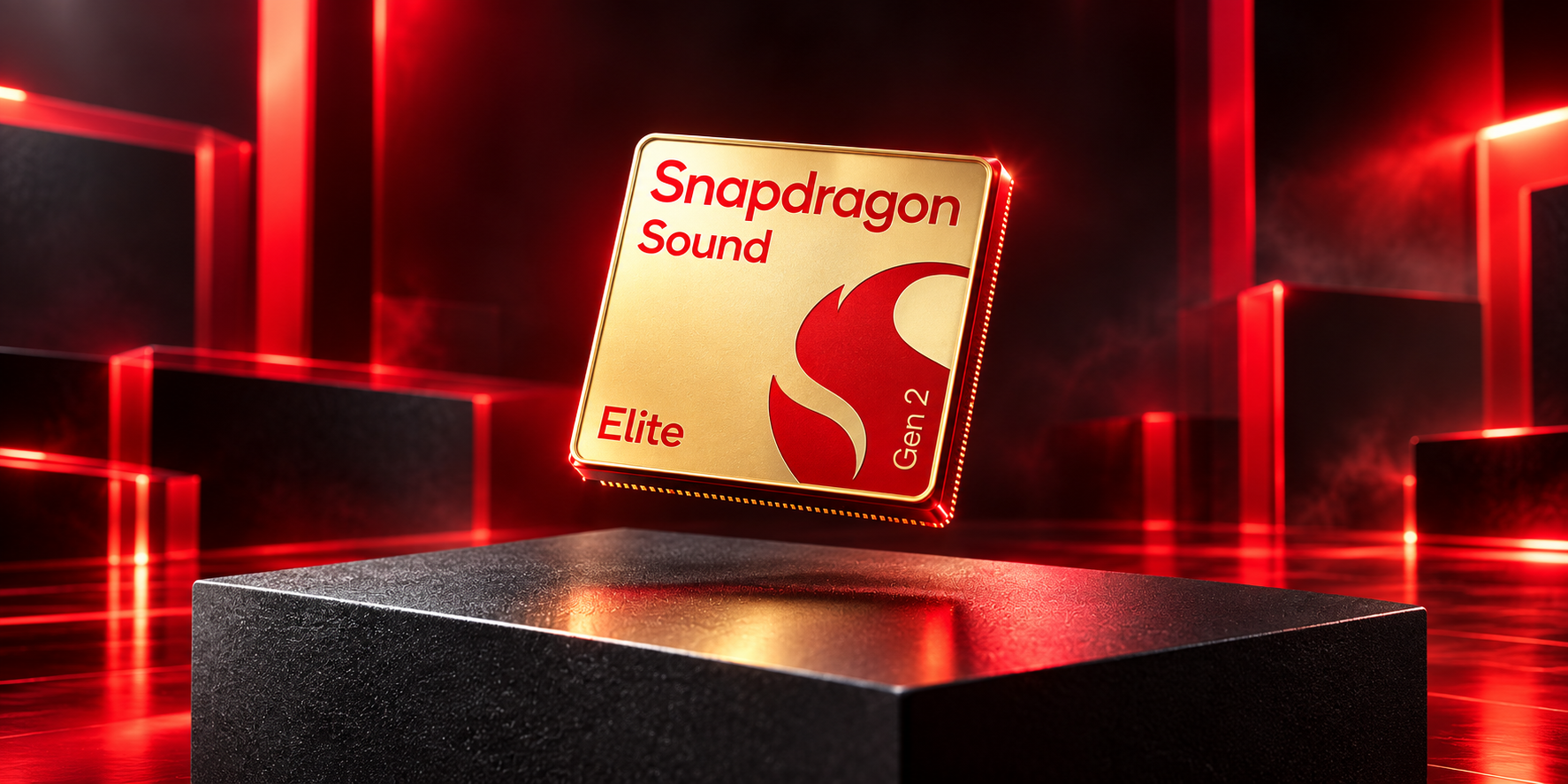 A Snapdragon Sound Elite Gen 2 chip shown in a red illuminated product render.