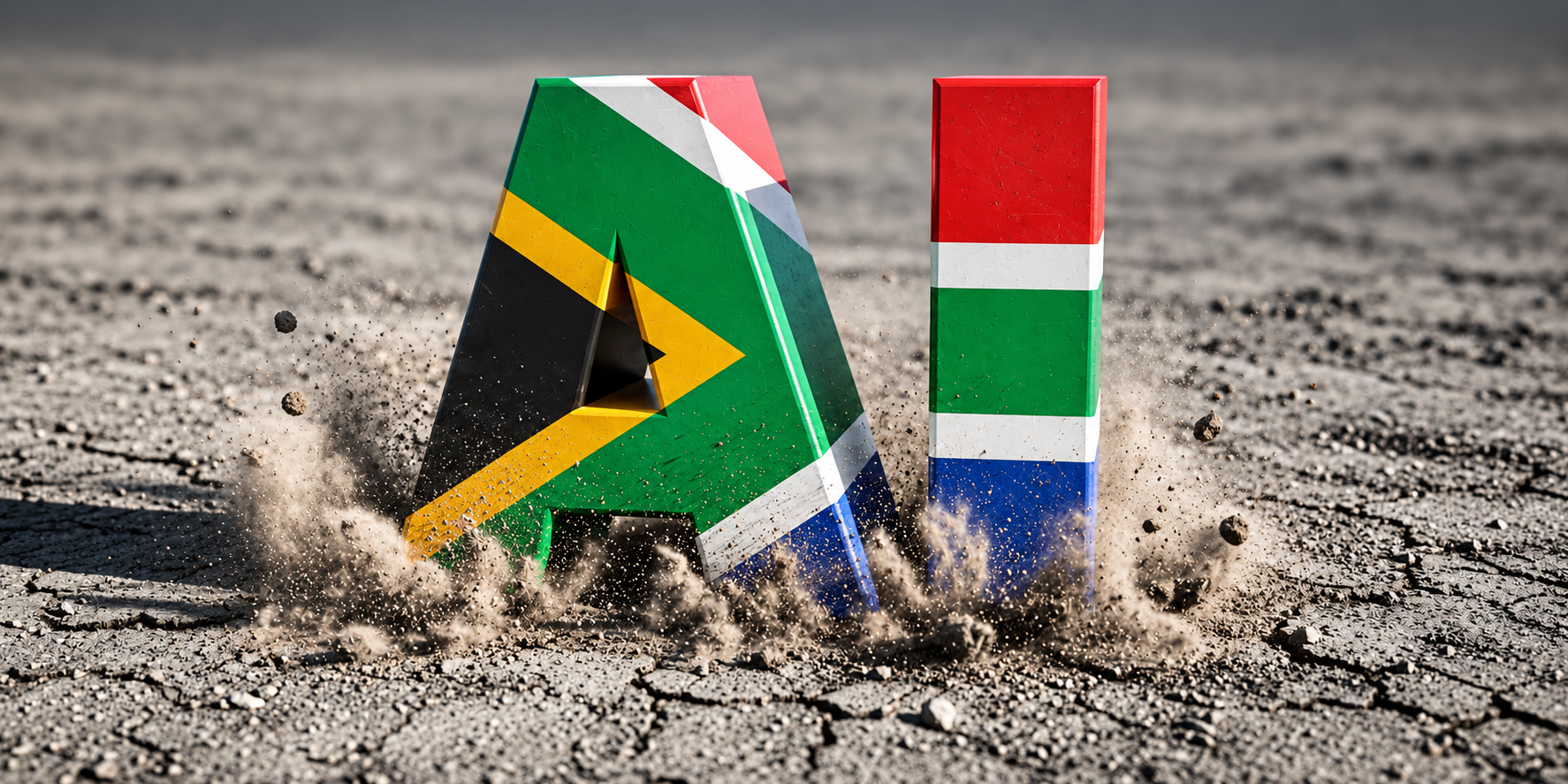 The letters AI styled with the South African flag and rising from a cracked surface.